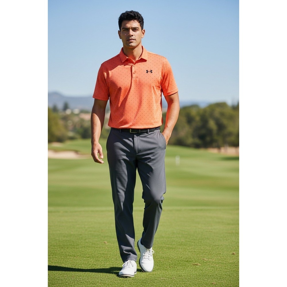 Under Armour Mens Playoff‎ Polo Orange Micro Diamond Print Golf Shirt Small